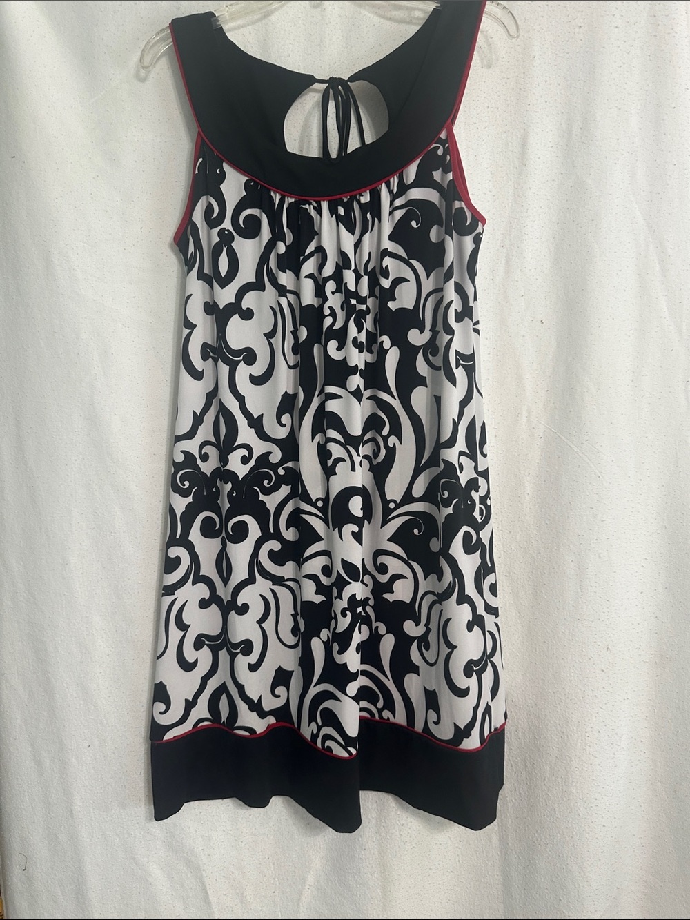 Enfocus Studio Black and White Printed Sleeveless Mini Dress with Pink Piping